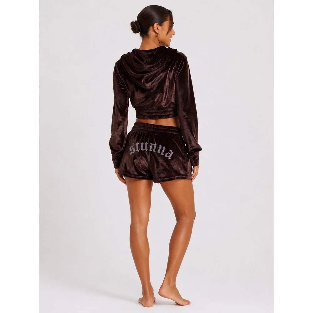 Stunna Set Brown Velvet Velour Rhinestone Cropped Hoodie Shorts S New